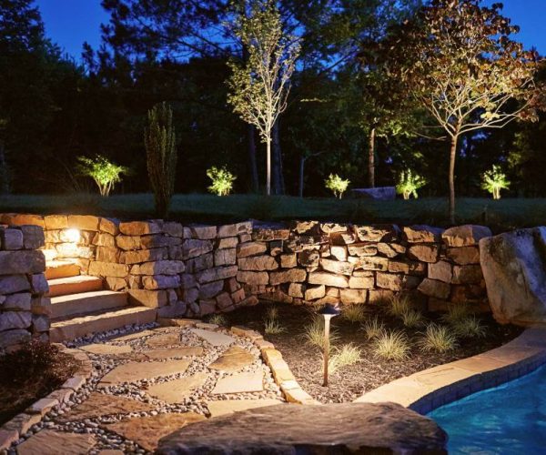 walkway and steps with landscape lighting